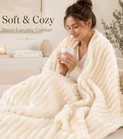 Cream Ribbed Soft Cozy Throw Blanket XL 59x79 Inches for Couch & Bed