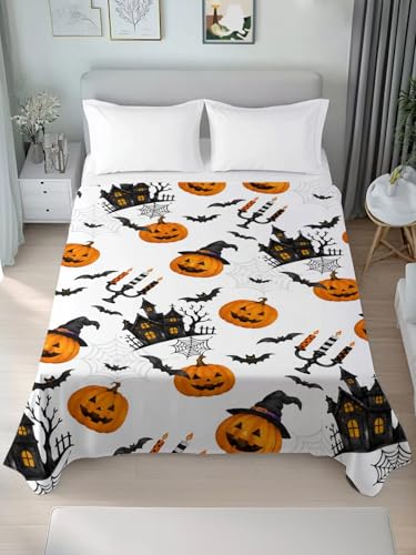 Halloween Pumpkin Haunted Castle Flat Sheet King Size - Orange, Charcoal, White, Cream