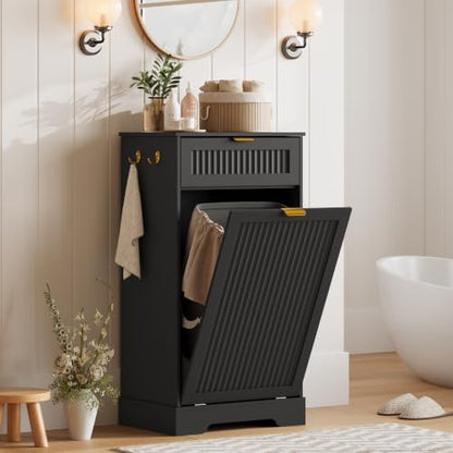 13 Gallon Tilt Out Trash Can Cabinet with Deodorising Function - Black / 20.28"W x 13.98"D x 38.58"H