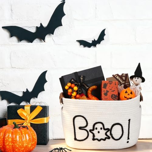 Halloween Ghost Woven Rope Basket with Handles - Spooky Decorative Storage Bin