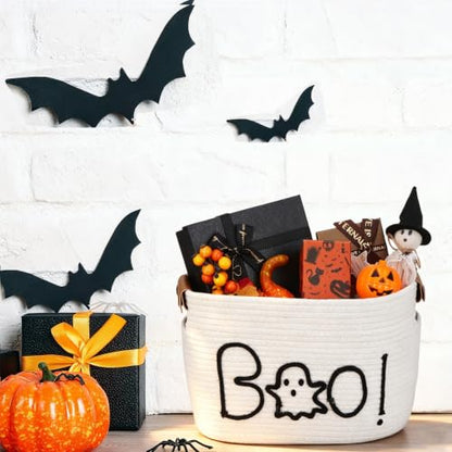 Halloween Ghost Woven Rope Basket with Handles - Spooky Decorative Storage Bin
