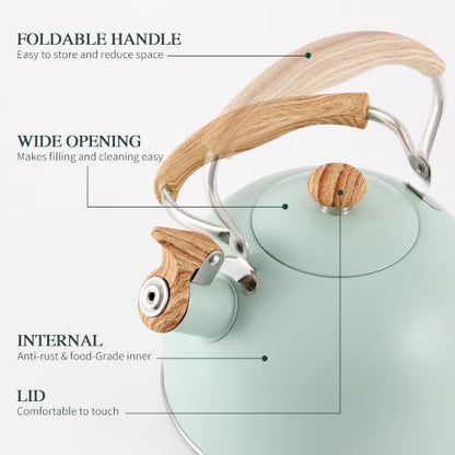 Stainless Steel 2.6 Qt Whistling Tea Kettle with Wood Pattern Handle - Turquoise