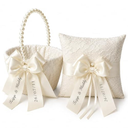 Personalized Flower Girl Basket with Lace & Pearls for Wedding Ceremony