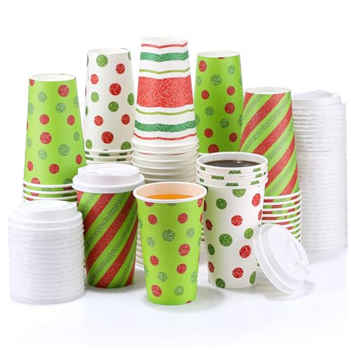 Christmas Coffee Cups with Lids 16oz Pack of 100 - Red Green Holiday Design