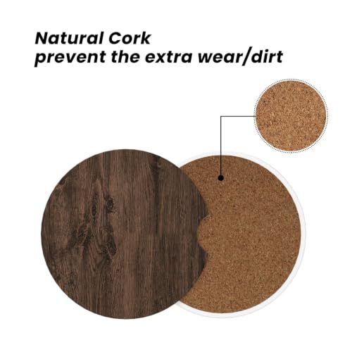 Car Coasters for Cup Holders 2 Pack - Rustic Brown Wood Grain Round