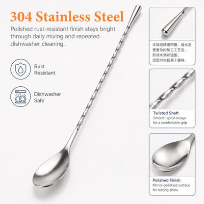 12 Inch Stainless Steel Bar Spoon Set for Cocktails and Drinks - 4 Pack