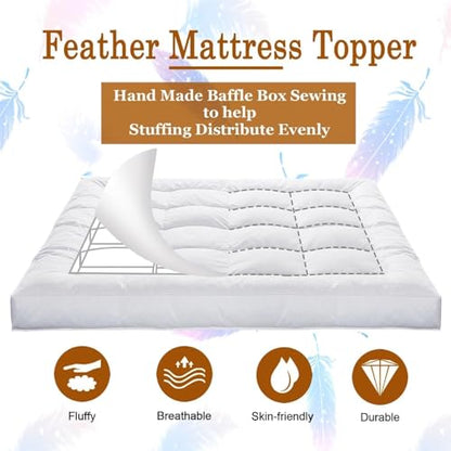 White Plaid 5in Duck Feather Mattress Topper with Cotton Cover - King