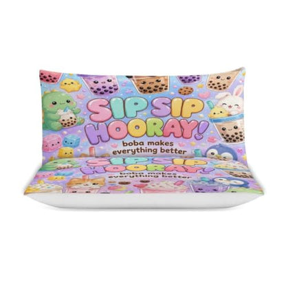 Cute Boba Tea Animals Kawaii Pattern Queen Duvet Cover Set 90x90 with Pillowcases