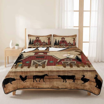Brown Full Quilt Bedding Set with 2 Pillow Shams - Farmhouse Windmill Design
