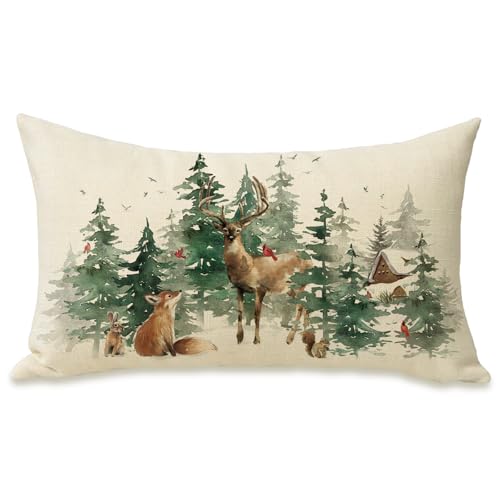 Fahrendom Christmas Woodland Animals Lumbar Pillow Cover - Snow Animals 20x12