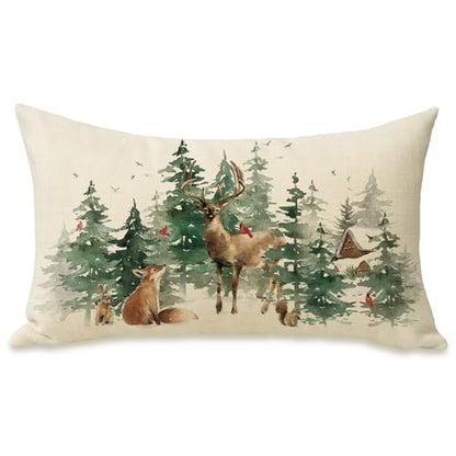Fahrendom Christmas Woodland Animals Lumbar Pillow Cover - Snow Animals 20x12