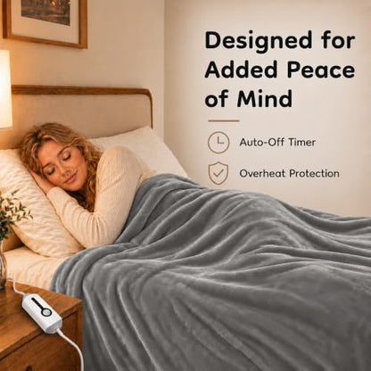 Pale Gray Electric Heated Blanket Full Size 72x84 Flannel with 4 Heat Settings & Auto Shutoff