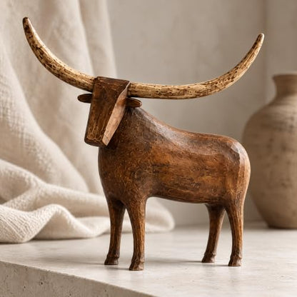 Rustic Longhorn Bull Sculpture - Hand-Carved Farmhouse Animal Figurine