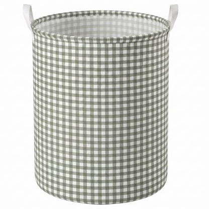 Sage Green Gingham Collapsible Laundry Hamper with Handle - Stylish Storage Basket