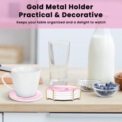 Pink Absorbent Ceramic Coasters Set of 4 with Gold Holder for Drinks