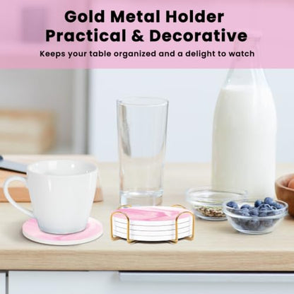 Pink Absorbent Ceramic Coasters Set of 4 with Gold Holder for Drinks