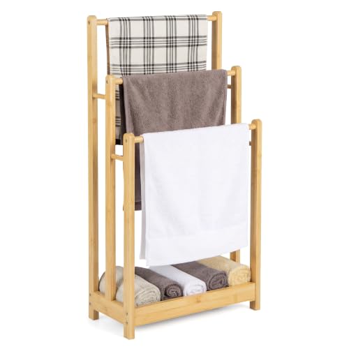 Giantex 3-Tier Free Standing Bamboo Towel Rack with Storage Shelf - Natural