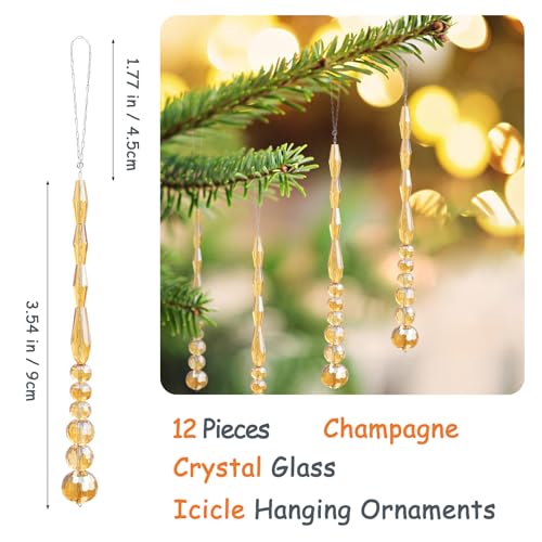 12PCS Crystal Icicle Christmas Tree Ornaments - Gold Glass Beads Hanging Decor
