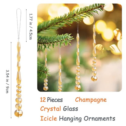 12PCS Crystal Icicle Christmas Tree Ornaments - Gold Glass Beads Hanging Decor