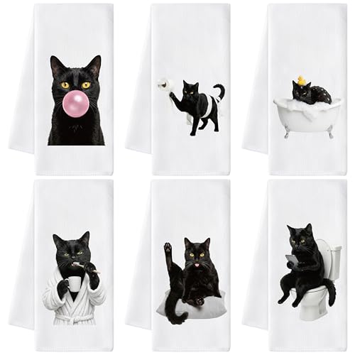 Black Cat Hand Towels 6 Pack - Decorative Microfiber Kitchen & Bathroom Cloths
