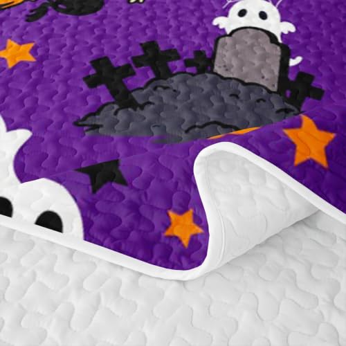 Halloween Quilt Set Black Purple Ghost & Pumpkin Bedding Twin Size with Pillowcases