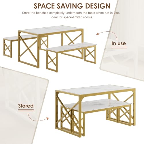 55-Inch Kitchen Dining Table Set for 4 with Benches - Space-Saving Steel Frame and Wood Grain Finish