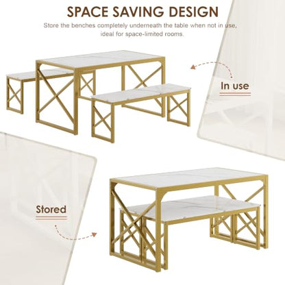 55-Inch Kitchen Dining Table Set for 4 with Benches - Space-Saving Steel Frame and Wood Grain Finish