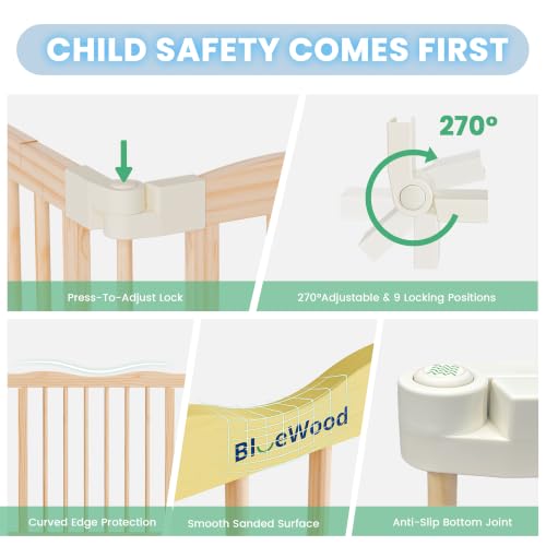Foldable Wooden Baby Playpen - Natural Pine, 55 x 55 x 24 Inches - Safety Certified, Adjustable Shape, Portable Baby Gate