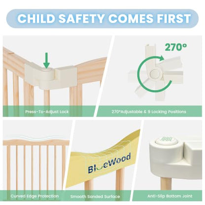 Foldable Wooden Baby Playpen - Natural Pine, 55 x 55 x 24 Inches - Safety Certified, Adjustable Shape, Portable Baby Gate