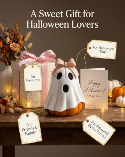 GoGnome Halloween Ghost Pumpkin Figurine - Pink Bow White Resin Fall Decor