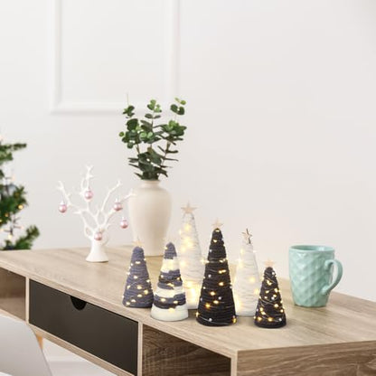 Gray Yarn Cone Christmas Trees with LED Lights & Star Centerpiece - Set of 6