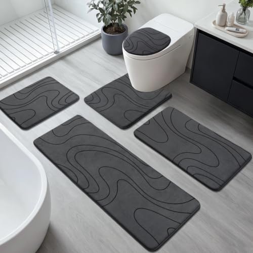 YIHOUSE 5-Piece Bathroom Rug Set - Memory Foam Bath Mats Dark Grey 1'8" x 3'10"
