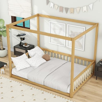 Full Size Montessori Floor Bed with Canopy Frame - Natural