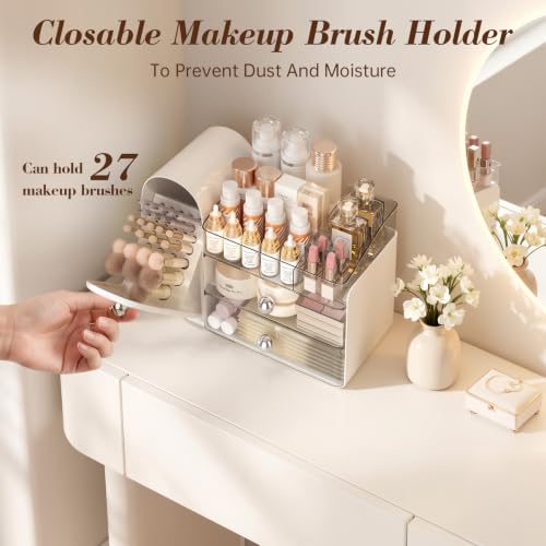 Large White Makeup Organizer with 27 Compartments and Detachable Trays - Retro Fridge Design