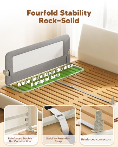 Toddler Bed Rail Guard 75in Gray Foldable Safety Bed Guard with Reinforced Steel Frame