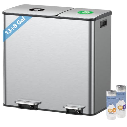 Silver Dual Trash and Recycling Bins for Kitchen 13+8 Gallon - Large Capacity