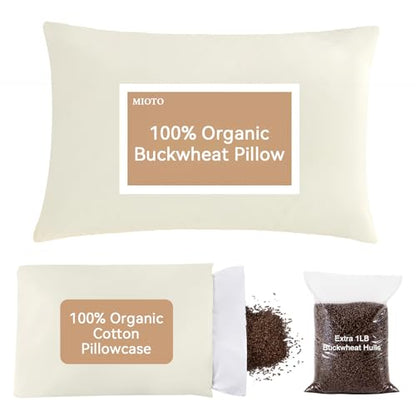 Organic Buckwheat Pillow for Neck Support with Adjustable Height and Cotton Cover