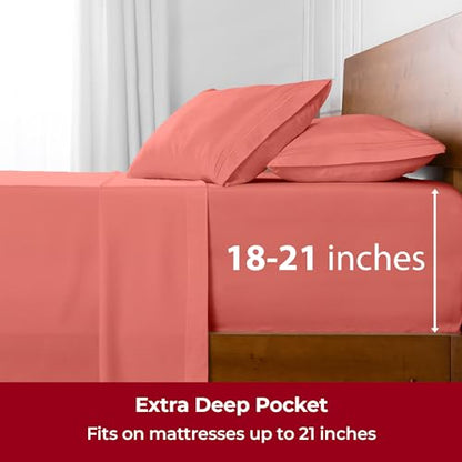 Mellanni Extra Deep Twin XL Sheets - 3 PC Iconic Collection Bedding - Hotel Luxury, Ultra Soft, Cooling Bed Sheets - Wrinkle, Fade, Stain Resistant (Twin Extra Long, Coral)