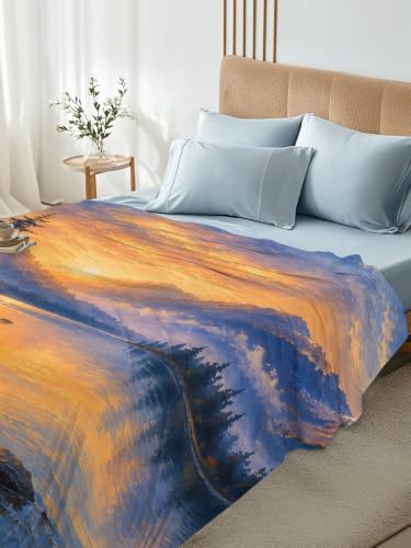 Blue King Size Flat Sheet - Microfiber Breathable Bedding with Mountain Landscape
