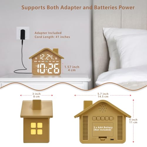 Brown Wooden Digital Alarm Clock with Large Display, Dual Alarms, Ambient Light, Bedroom Decor