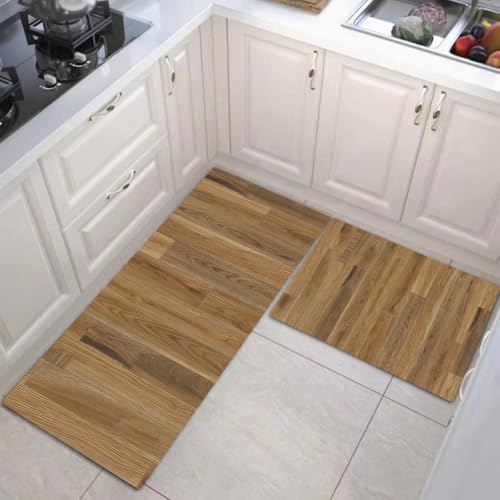 Wood Grain Kitchen Rugs Non Slip 2-Piece Set Brown Washable Mat Runner, 20x32 & 20x71 Variation of Brown/Wood Grain