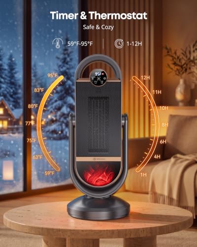 Dark Gray 21.6in Space Heater with 1500W Graphene PTC, 3D Flame Effect, Oscillation, Remote, Timer