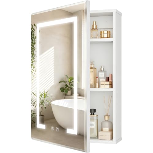 Lighted Bathroom Medicine Cabinet with Mirror and Heating Function, White