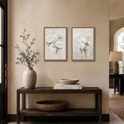 White Beige Floral Wall Art Set of 2 Canvas Prints 12x16in - Neutral Decor