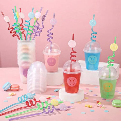 24 Pack Smile Face Pastel Cups with Lids and Straws - 12 oz Party Drinkware