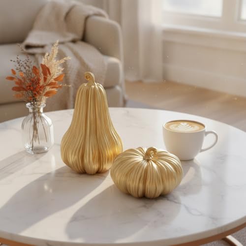 Gold Fall Pumpkin Decor Set - 2 Resin Pumpkins for Thanksgiving & Autumn Styling - Variation Gold-A