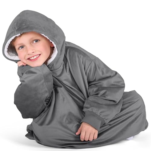 Kids Wearable Blanket Hoodie - Soft Plush Sherpa - Grey - Cozy & Warm