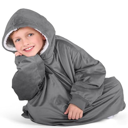 Kids Wearable Blanket Hoodie - Soft Plush Sherpa - Grey - Cozy & Warm