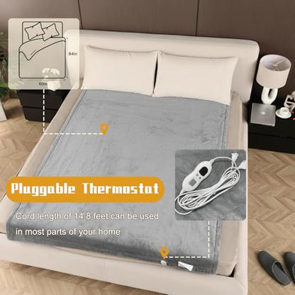 Gray Electric Heated Blanket 60x84 Inches Flannel Throw with 6 Heat Settings