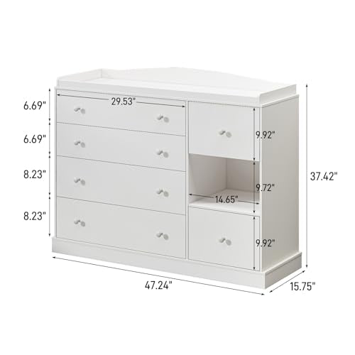 Kids Dresser Cabinet with 6 Drawers and Changing Table - Nursery Furniture, White
